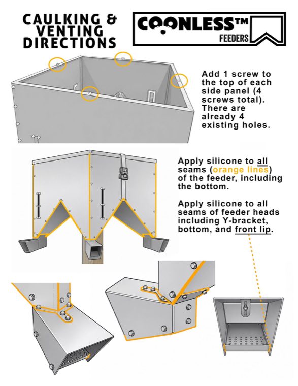 1000 lb feeder caulking and venting directions — add four top-panel screws and apply silicone to all highlighted seams