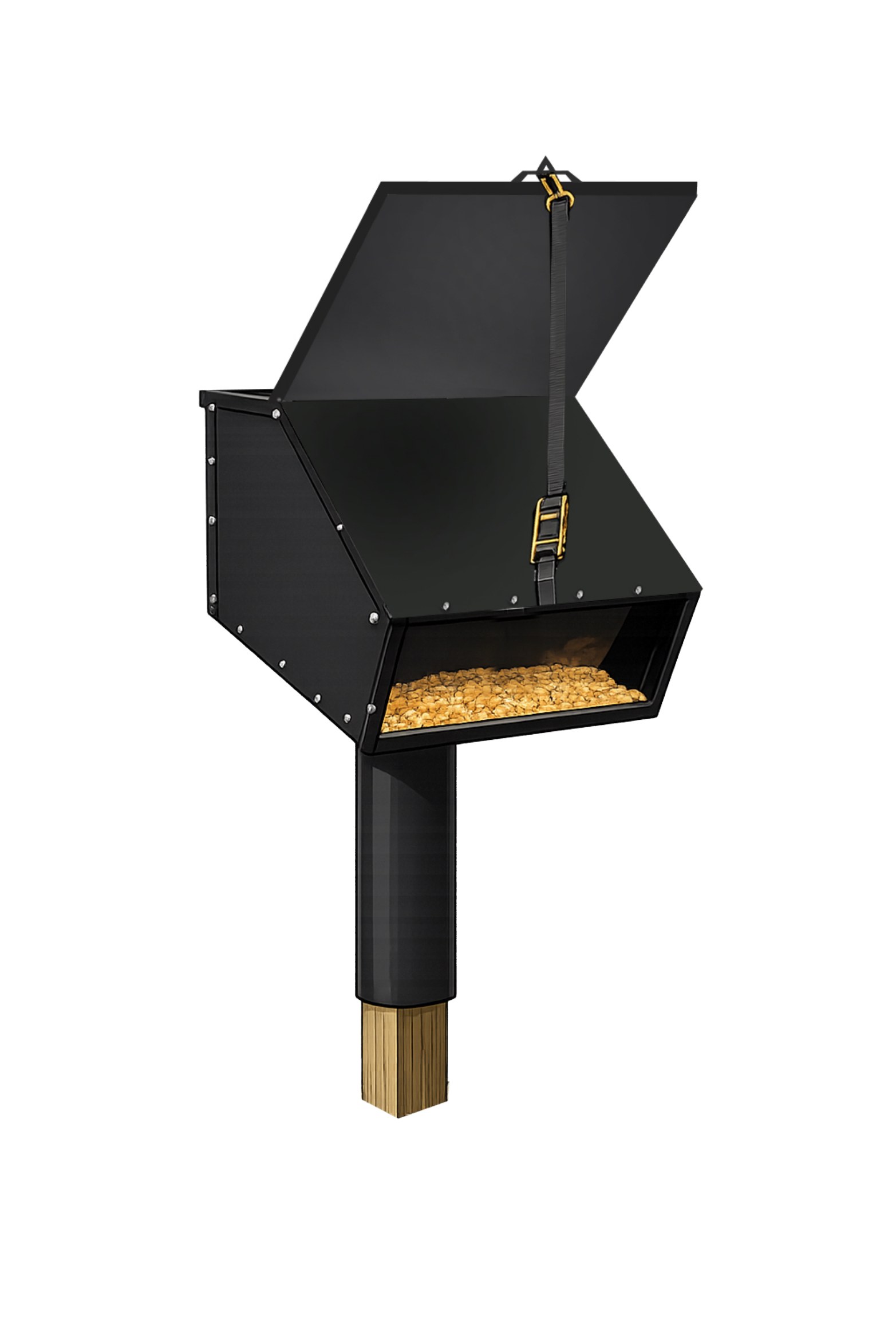 555 lb feeder with a ratchet strap holding the lid open for filling