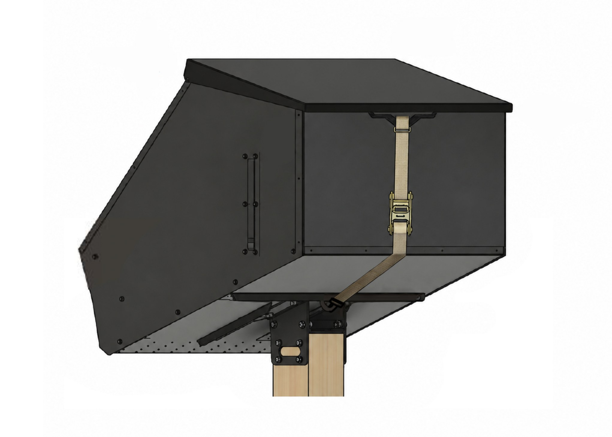 555 lb feeder with a ratchet strap securing the closed lid to the feeder base